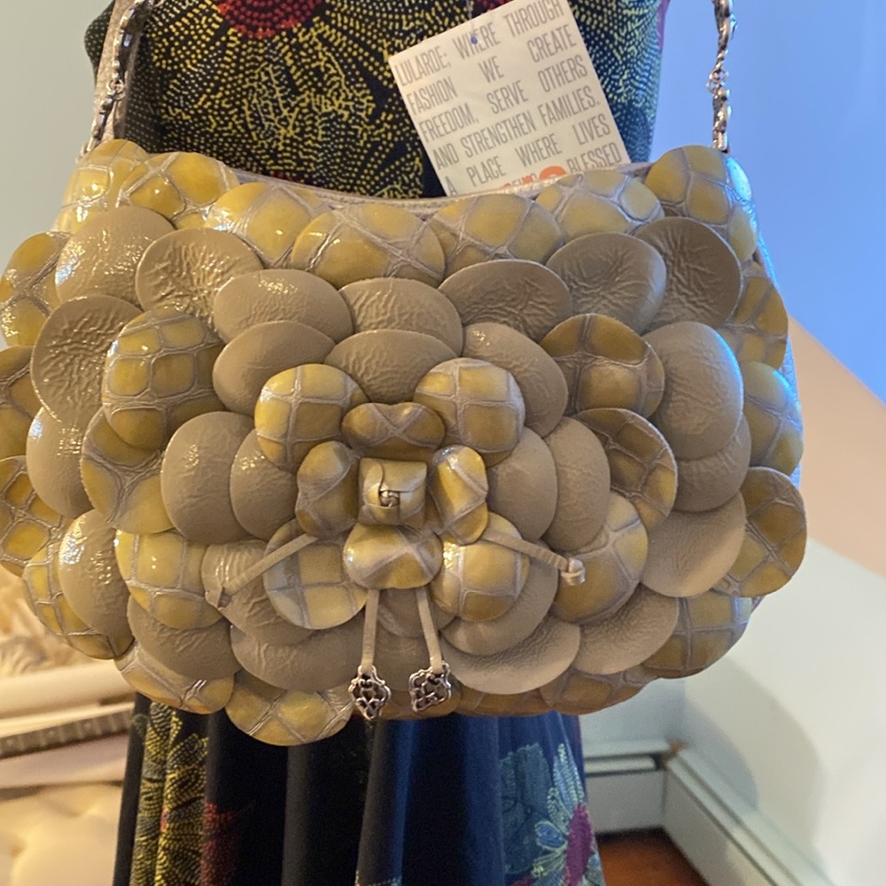 BRIGHTON ROSALIE LEATHER HANDBAG / SHOULDER BAG EUC GREY / YELLOW - Picture 5 of 13